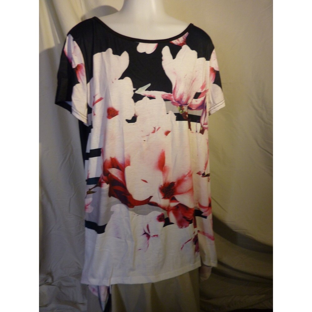 NEW  Black & Pink Summer Flowered 4X Plus Top-Soft Stretchy Fabric-long side hem